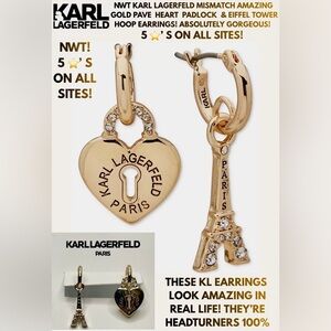 NWT KARL LAGERFELD 14K MISMATCH EARRINGS! EIFFEL TOWER & HEART PADLOCK! SHINEY!